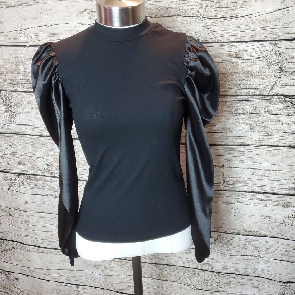 Florens Girls Size 11-12 Y Black Long Puff Sleeve Mock Neck Pullover Top NWT